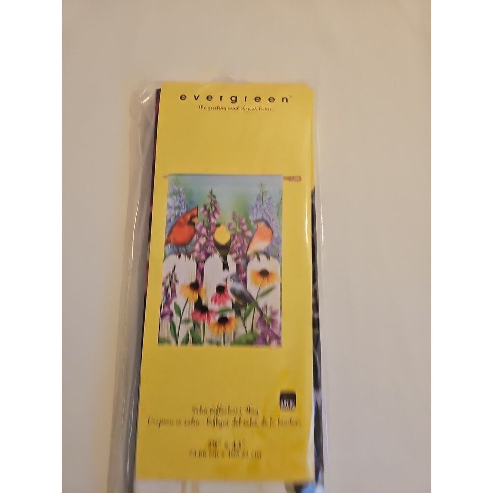 NIP evergreen 29 x 43" satin reflections flag Birds on a fence with flowers